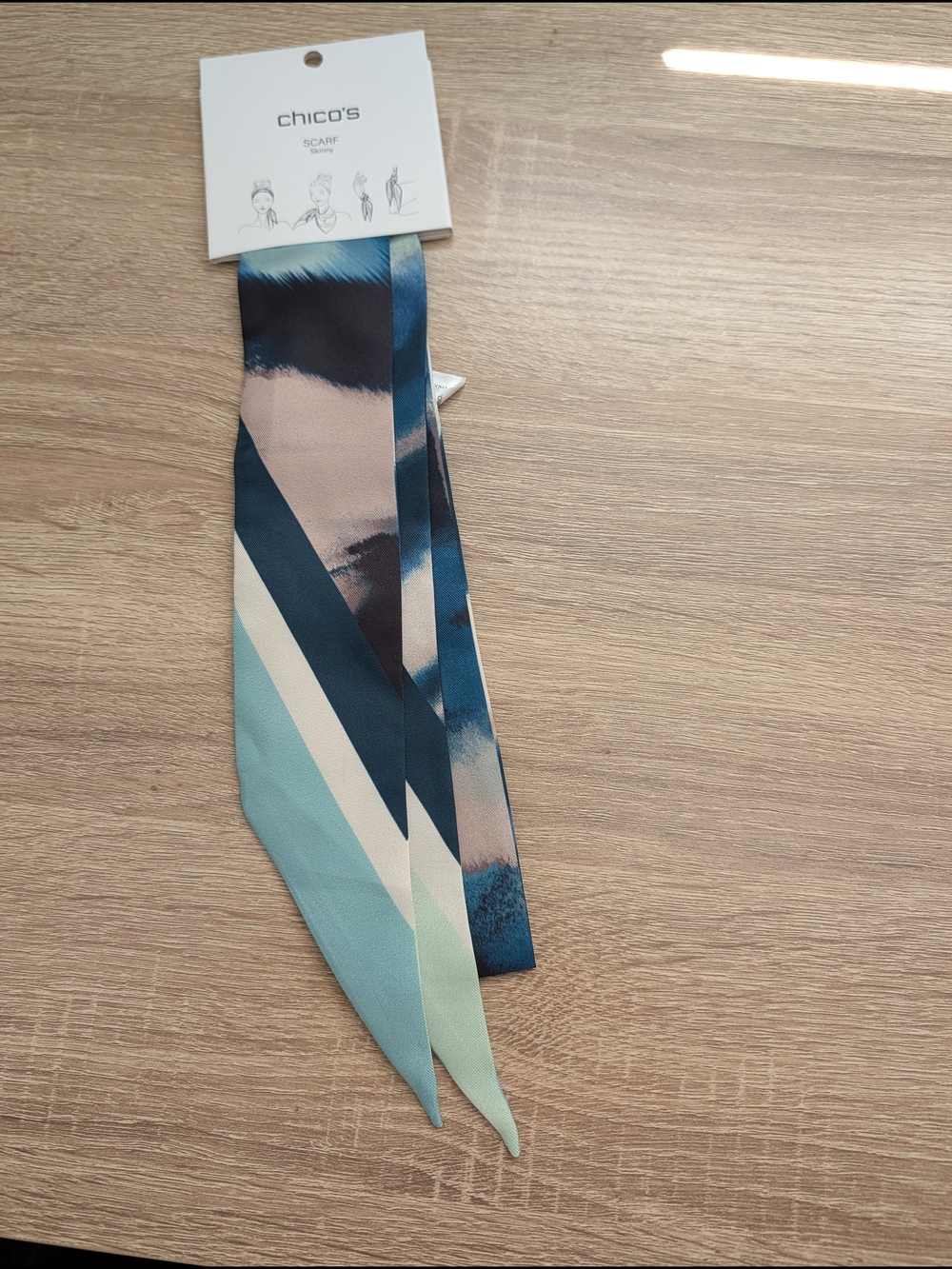 Chico's Printed Skinny Scarf — Teal, Navy & Cream